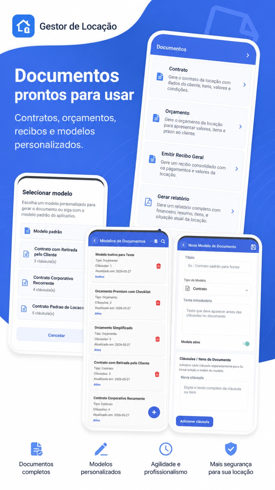 Tela de contratos e orçamentos personalizados no app