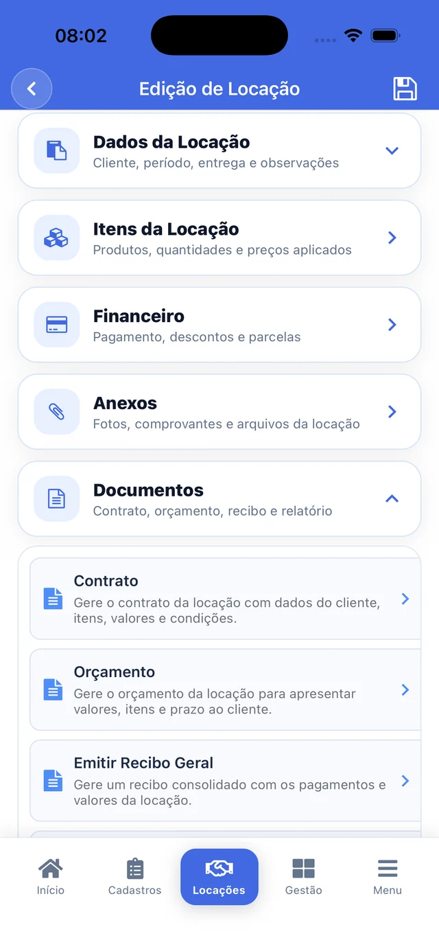 Tela real de locações e documentos do aplicativo