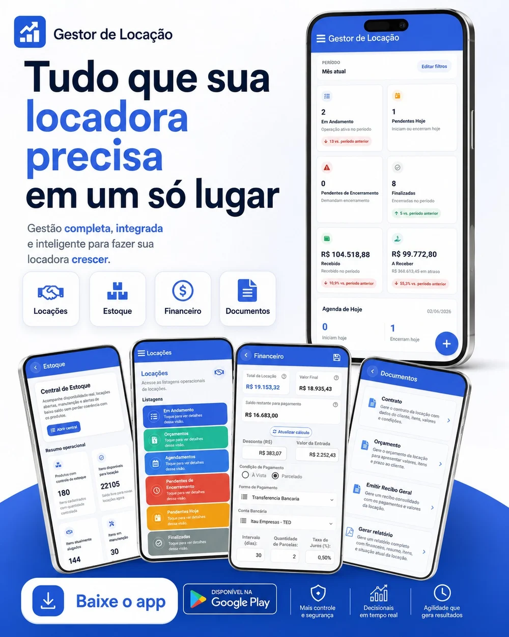 Dashboard, locações, estoque, financeiro e documentos